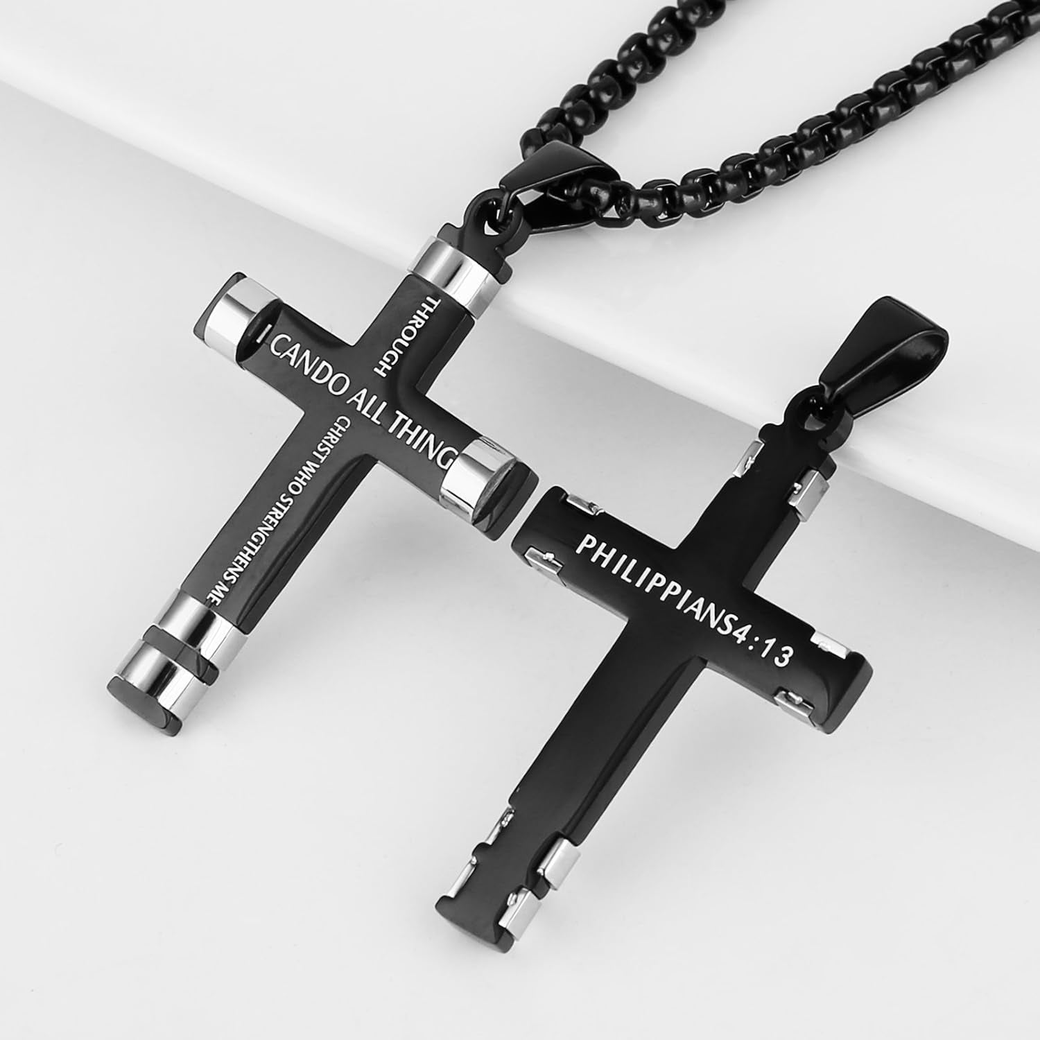 Philippians 4:13 Cross Pendant STRENGTH Bible Verse Stainless Steel Necklace 3 Colors Available